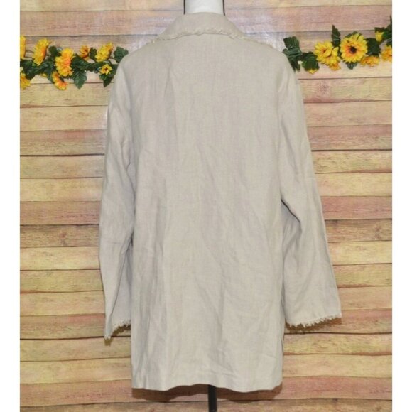 Vintage LAFAYETTE 148 100% Linen Open Front Jacket Size L Raw Trim Neutral Khaki - Picture 10 of 14